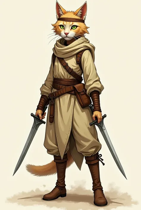 a dungeons and dragons tabaxi rogue. the tabaxi looks like the sand cat species and is in clothes prepared for desert exploration. her fur is a cream color and she has green eyes. the image is drawn in an illustration style. the image is concept art with a...