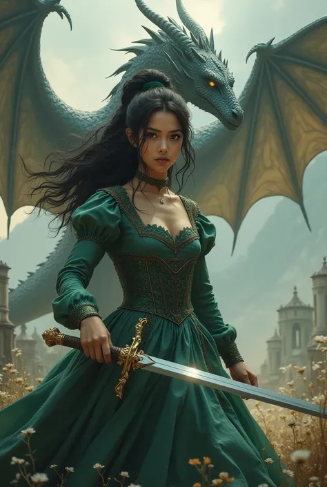 girl in a medieval dress long and medium black hair tied up and wavy very beautiful green eyes with a sword in her back and a dragon in the background