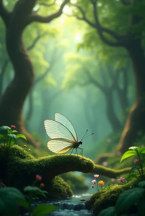 butterfly with transparent wings alone in the forest