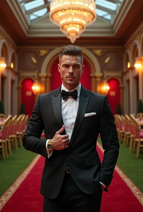  create an image, Matthew Noszka 30 years,  green eyes , low fade haircut,  strong bodybuilding physique ,  wearing a luxurious black tailoring suit with a black shirt underneath,  wearing a gold Rolex watch on his left wrist.  he is in a structure with a ...