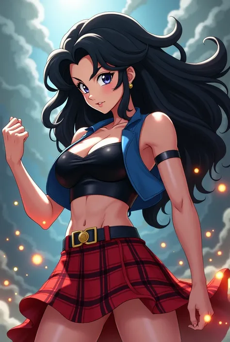  A curvy Saiyan woman with white skin with black hair with clear lenses,  strapples color black , blue vest , red plaid skirt,  and in fight pose  