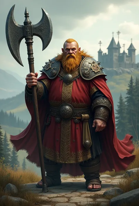 A handsome blond and muscular dwarf, warrior and medieval clergyman with an enormous axe 