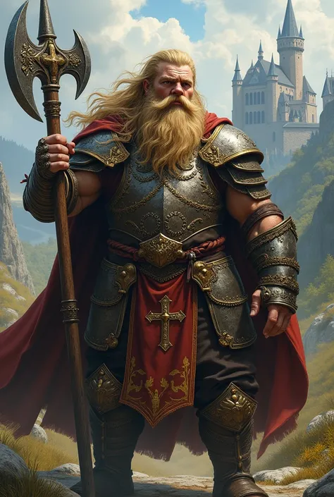 A handsome blond and muscular dwarf,medieval warrior and clergyman with an enormous axe and armor complete with a cross