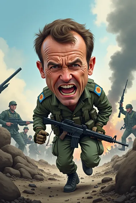 Caricature. 
Un soldat terrifié lors de son premier combat.
Il sappelle Claude et il est venu en Ukraine se battre pour Macron.