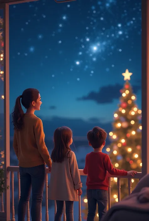 A family looking out of the stars and from a balcony with happy faces while a Christmas tree is in the background a family of a mom and a dad and a girl and a boy