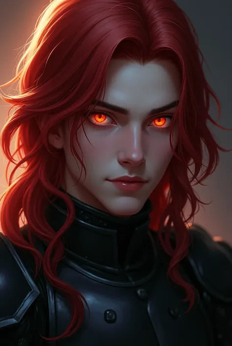   Handsome man , with natural expressions, that looks natural, young, wicked, with well-defined amber eye features,  long crimson hair with completely black armor, Wattpad-style fanart version