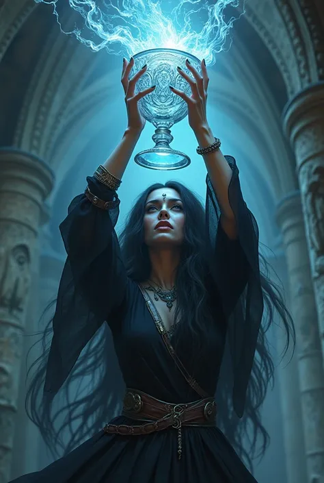 female witch is holding a crystal cup