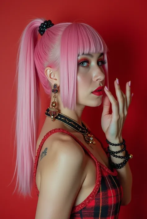 Latex costume young Japanese woman Pink hair High definition ponytail flashy earrings flashy necklace flashy bracelets Erotic