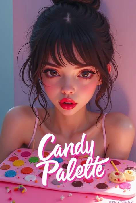  A pretty girl licking a candy palette and putting on a text that says the following: Hot girls dont have a boyfriend  
