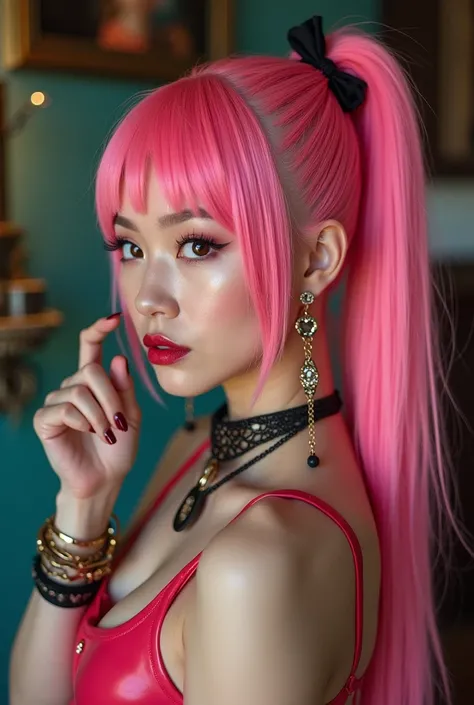 Latex costume young Japanese woman Pink hair High definition ponytail flashy earrings flashy necklace flashy bracelets Erotic