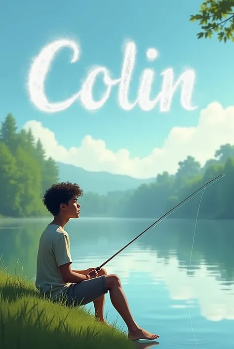  A young brown man sitting on the grass fishing at the edge of a lake with the name Colin written in the sky