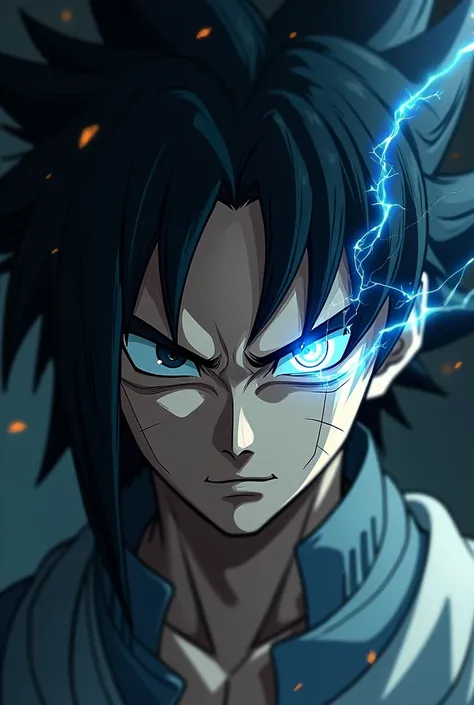 Sasuke uchiha face fused with goku ultra instinct face dark background gold and blue lighting 