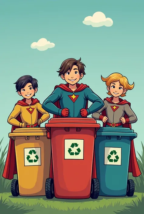 Please help me to make an image where there are several ren dressed as heroes that they are recycling garbage that you can see the containers and give the title HEROES AMBIENTALE and leave a space for a logo