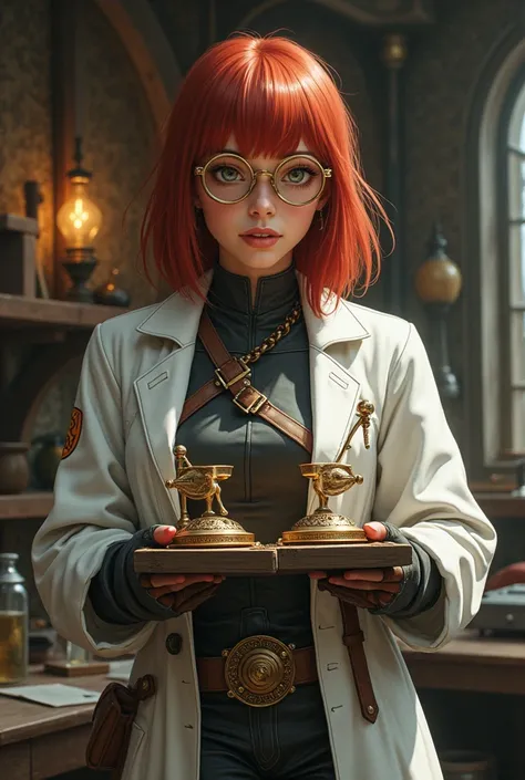 a woman with the appearance of a scientist ,  glasses and hair on her shoulder in the color red ,  she seems to be working on autarches from a medieval fantasy world. She is standing and wearing leather armor underneath her lab coat  