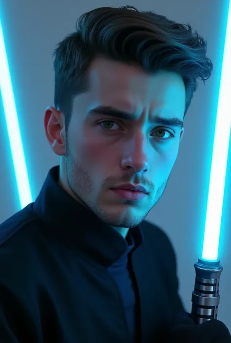 Young man, age 18, light stubble, oval face shape, dark green eyes, brown hair, slightly sad face, pompadour haircut, black clothes, blue lightsaber from star wars,
