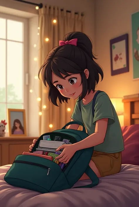 A teenage woman in her room getting her backpack ready for school