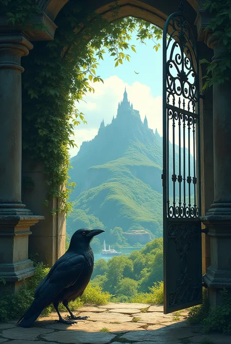 See the island through gate with crow 