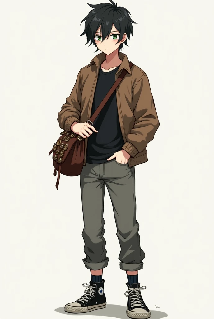 pale skin, male, , Russian descent, black hair, green eyes, subtle freckles all over the body, gray jeans, black shirt, brown jacket, leather side-strap bag full of buttons, worn-out all-star shoes, mismatched socks, unruly hair, somewhat sloppy but tidy p...