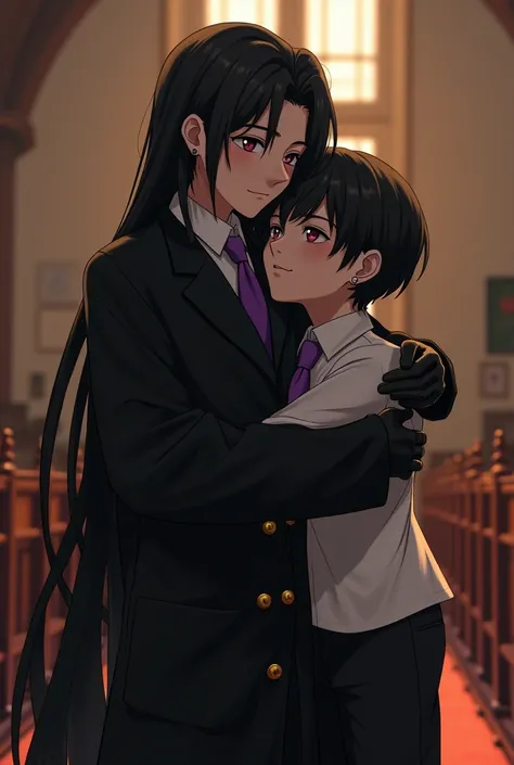 Live Action pre teen Asian boy with Long Flowing black Hair, Wearing a LONG Sleeved, Baggy Black Double Breasted Suit that reaches the ground over a Baggy White Dress shirt Properly Tucked in With The Sleeves with cuffs Covering the Palms and Purple tie ti...