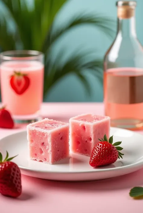 Advertising image of ice cream for drinks
View from the side of the image 
2 drink ice cubes 5 cm wide by 18 cm high strawberry flavor  (They are not popsicles ) em formato retangular encima de um prato com 1 morango  
Copo de drink 🍸🍹 ao lado com 2 morang...