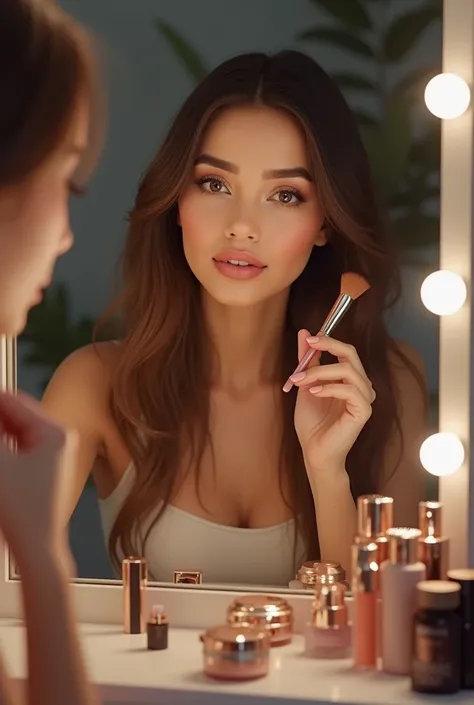 Une femme de 25 ans réunionnaise photoréaliste avec un maquillage impeccable mettant en valeur ses yeux et ses lèvres. Elle est assise devant un miroir illuminé, entourée de produits cosmétiques haut de gamme. Ses cheveux sont longs brun et soyeux, et elle...