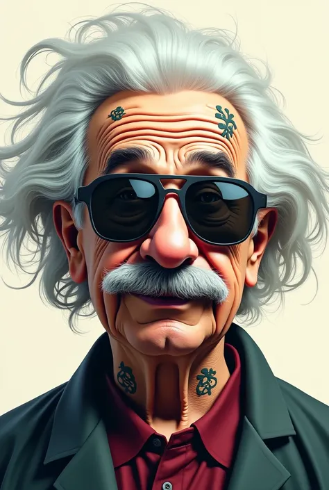 Create a funny drawing of Albert Einstein with black lenses smoking and cool mode and with his face tattooed