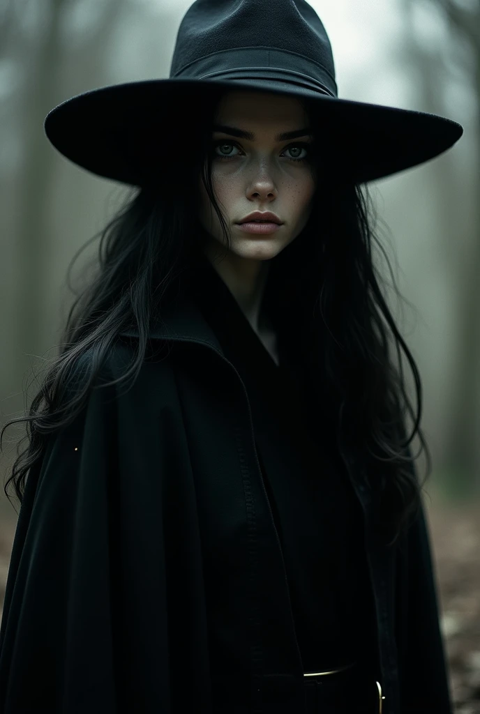 Black hair and long, deep dark eyes, pale skin and thin lips, an intense look and an air of mystery dressed in a long black couple and a wide-brimmed hat.