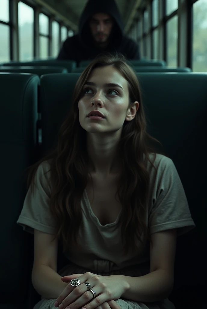   sitting on the chairs inside a train ,  the girl is looking at a subject who is speaking to her , her head is looking up ,  the mans face is not seen in the image ,  you can only see her hands which have rings with ancient Solomonic symbolism.  Image for...