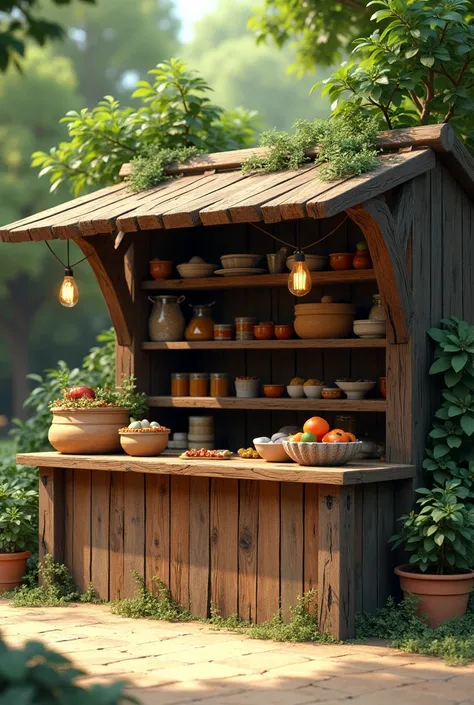 a rustic style stand with brown colors and a little green