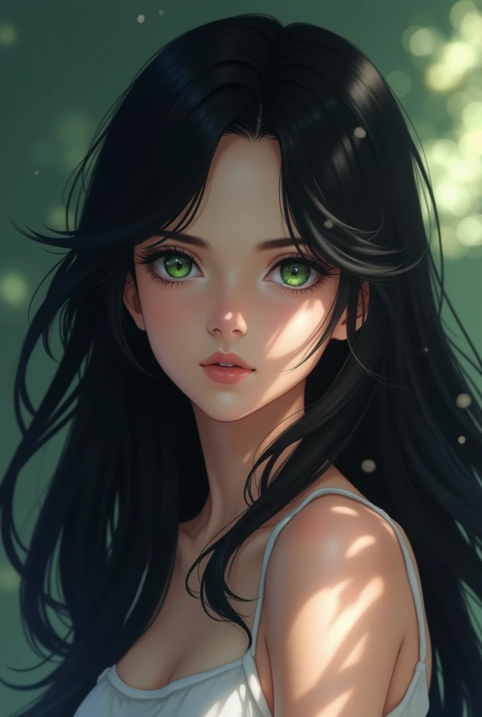 (anime) beautiful woman, black hair, dark green eyes
