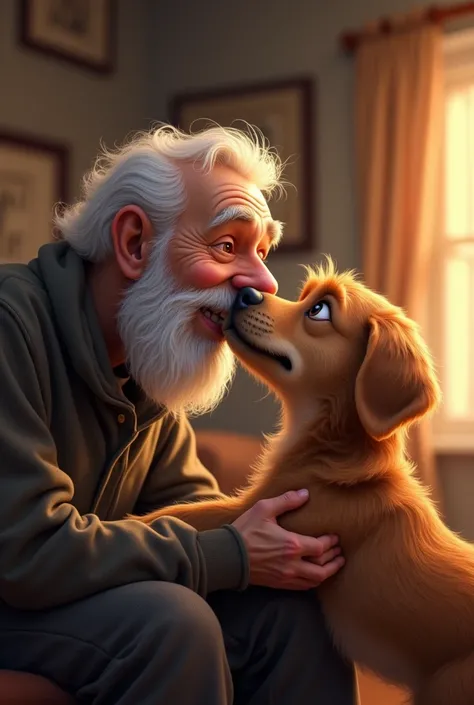 A dog kissing an old man