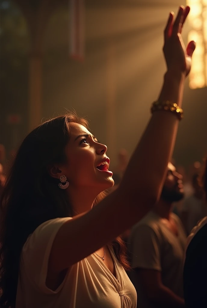 (photorealism:1.2) A face of an brazillian woman crying in worship lifting hand to god in a church. HDR, 8k, dramatic atmosphere, high detail, cinematic composition, 8k resolution. highres. Professional photography