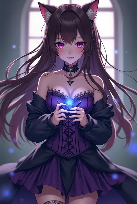 Anime Girl , brown long hair, Cat ears , Purple Corset Black Skirt , with glowing blue knitting needles  