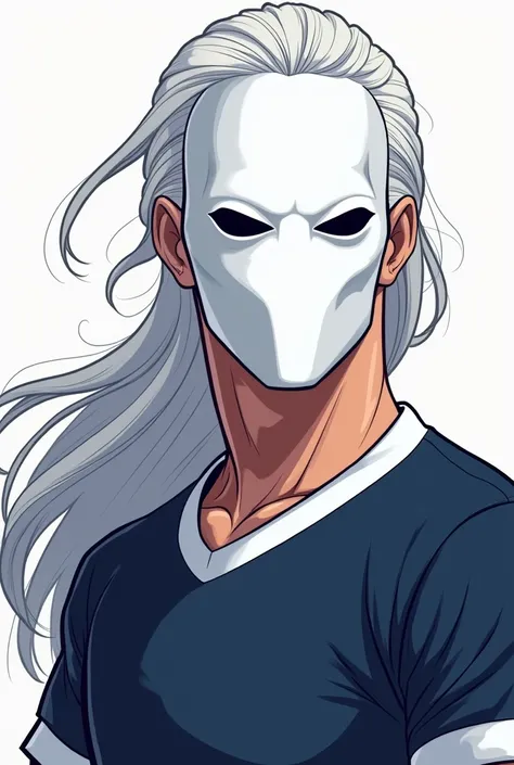 Cartoon style avatar  , mens long white hair tied behind, white mask all over the face, two eye holes  ,  dark blue and white team jersey  