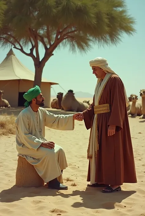 In a 1950 film screengrab, 1950s Super Panavision Film Stock, 70mm, film scratches, vintage, retro. Set in the year 600.
An Arab man (aged 57, wearing a green turban and a white robe) sits facing Suhail (aged 60, wearing a luxurious red-brown robe and a go...