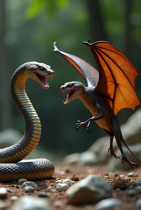 "An ultra-realistic scene showing a snake and a bat in an intense standoff. The snake, with shiny scales and a sinuous body, is raised with its fangs exposed, while the bat, with its wings fully spread in a defensive stance, displays a fierce expression. T...