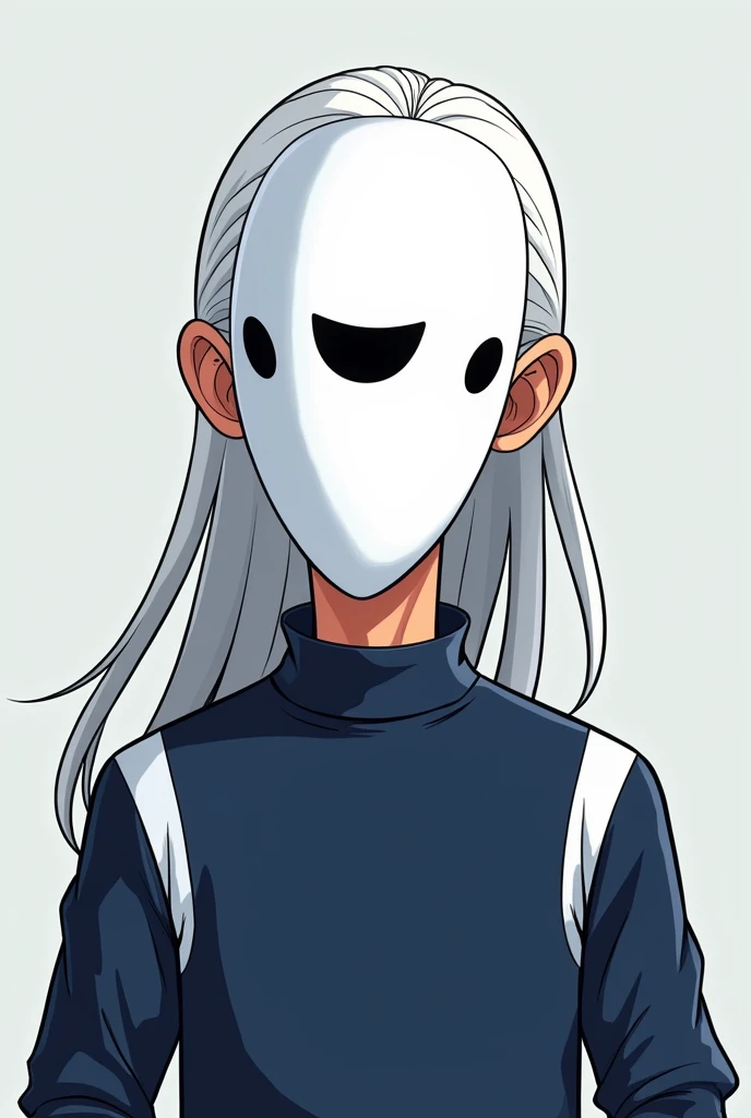 Cartoon style avatar  , mens long white hair tied behind, white mask all over the face, two eye holes  ,  dark blue and white team jersey  