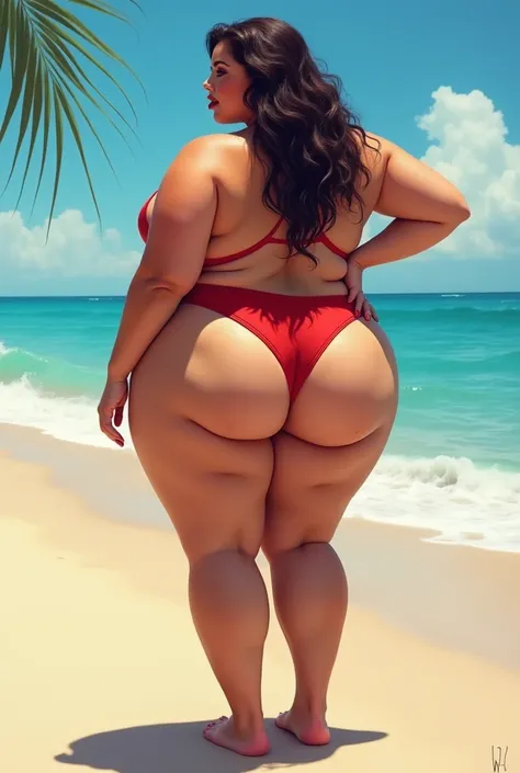 Mom, (bbw, fat, overweight), PAWG, fat celulite, folds, thick legs. Art. Wearing swimsuit, legs spread apart. full body view, standing, beach.