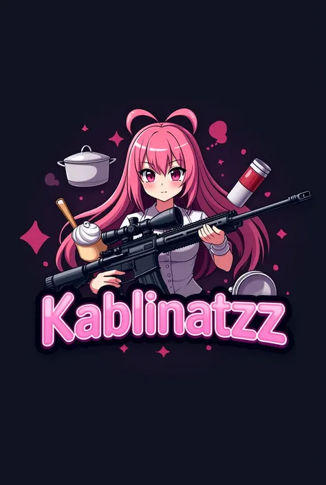 Create a logo with a female character from the anime-style animated roblox game holding crockery and a long-range sniper rifle with a dark background with pink details with the name Kablinatzz