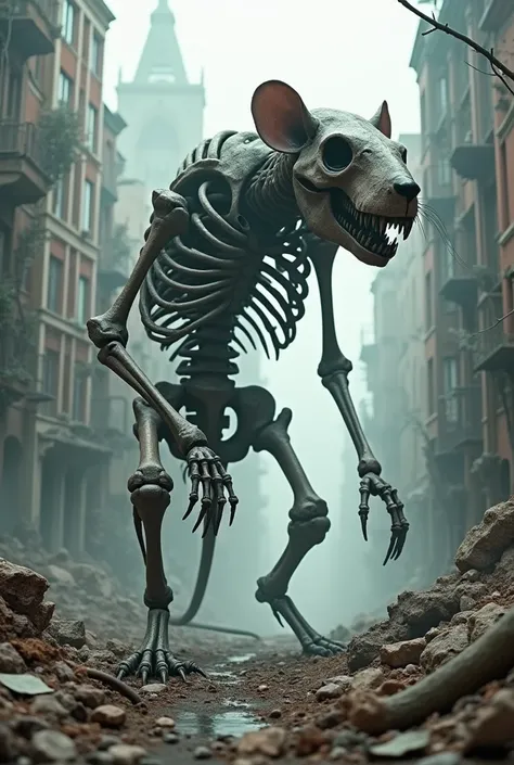 Skeleton of a rat  ,  five meters tall and long,  Destroyed City Background , fantasy world, fallen on the ground,lifeless,  lying on the floor ,