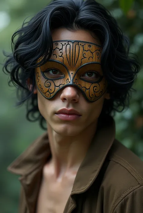 Young man 20 years old with wooden masks,  wavy black hair 