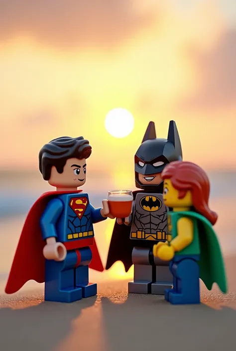 Superman and Batman in lego art, niAngel dust and stolas in one frame with backgroundghtBoth characters on the beach and drinking soft drink 🍷