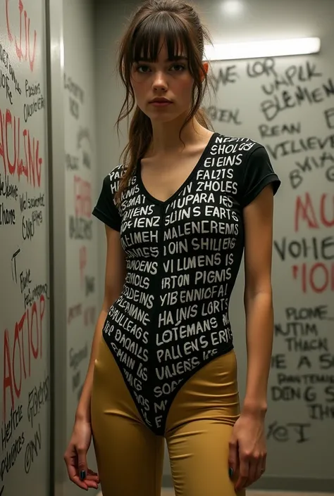 Short sleeve jumpsuit ,  lycra fabric ,  short with champagne colored legs , That it has words of violence written by hand on the dressing room, That has a street style   