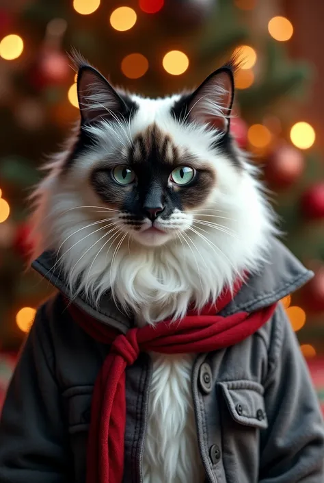  White-on-black cat ,  old, with a black face ,   dressed for Christmas with a Christmas background
