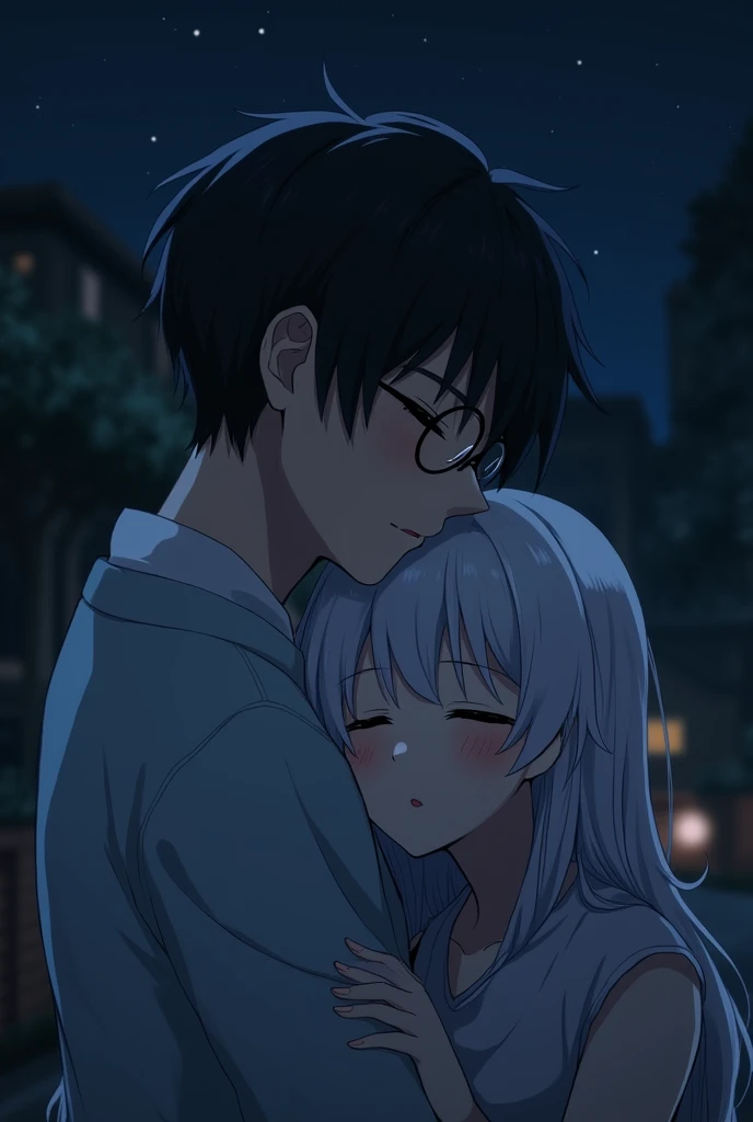 A black-haired boy with round glasses hugging a white-haired girl with her head around the boys neck at night 