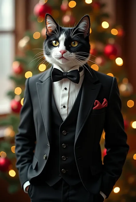  White-on-black cat ,  old,  dressed in a suit 
 Christmas with a Christmas background
