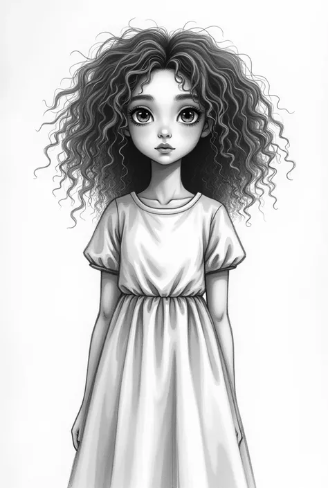   14-year-old with big curly hair wearing dress. Black and white art traditional notebook art 