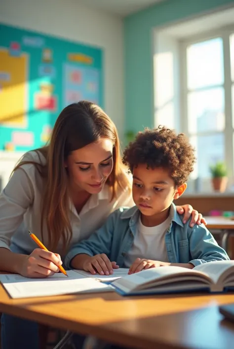 "A learner reading slightly challenging text, a teacher guiding them, text expanding from simple to advanced, colorful and modern classroom."