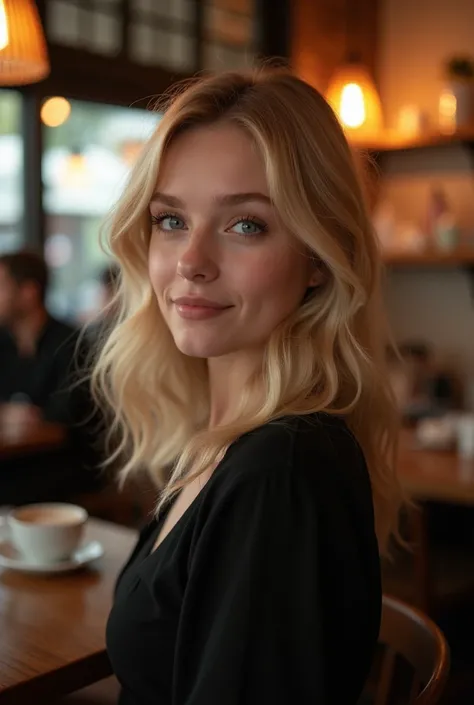 **Prompt:** A portrait of a blonde teenager with shoulder-length wavy hair, wearing a chic black dress. The setting is a cozy, dimly lit café with warm, ambient lighting. The woman has a serene expression, with a soft smile and light makeup highlighting he...