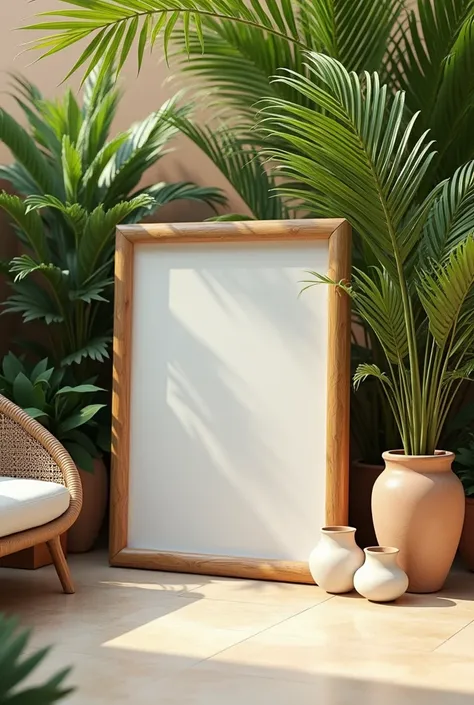  Generate an image of a blank picture frame painting mockup in a soothing warm and ambient tropical paradise themed patio. Image ratio of 9:16 landscape. Do not zoom into the frame alone.